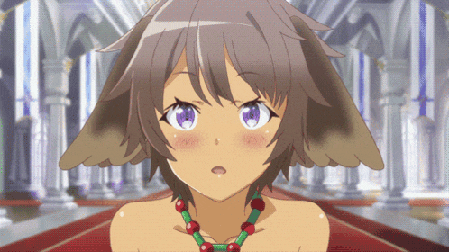 a girl with a dog 's ears and a green and red necklace