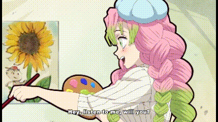 a girl with pink hair is holding a palette and a brush while painting a picture of a sunflower .