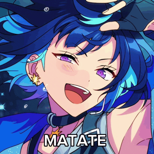 a drawing of a girl with blue hair and the word matate on the bottom