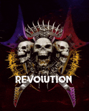 a poster with three skulls and the word revolution