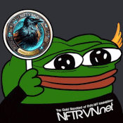 a green frog is holding a magnifying glass in front of a coin that says nftvnnet