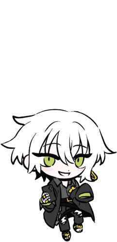 a black and white drawing of a chibi character with green eyes