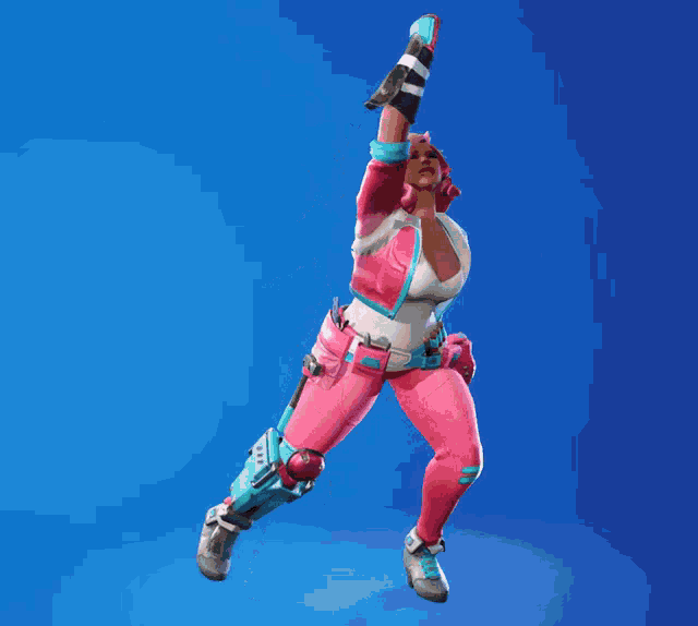 a girl with pink hair and pink pants is standing on a blue background