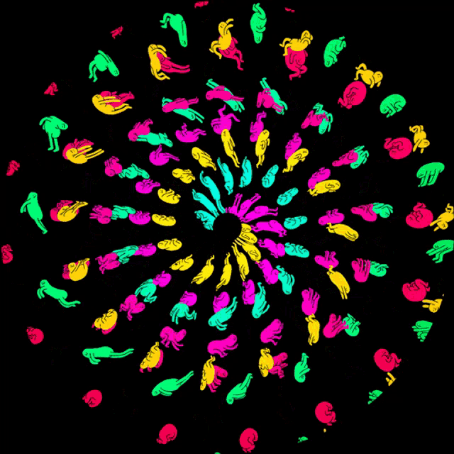 a black background with a swirl of colorful animals