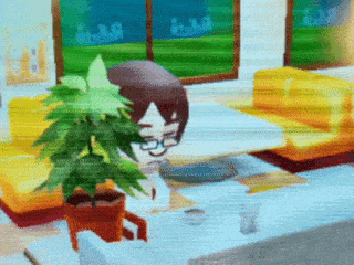 a cartoon character is sitting at a table in a living room