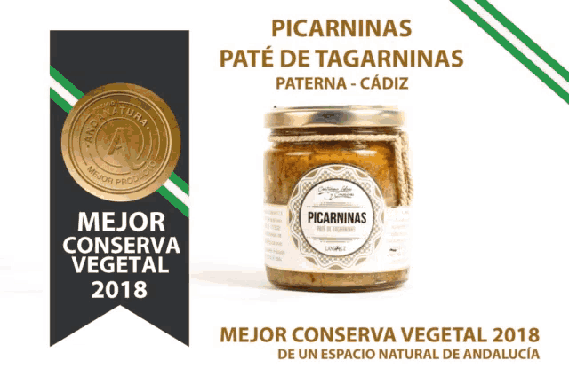 a jar of picarninas paté de tagarninas is displayed next to a ribbon that says mejor conserva vegetal 2018