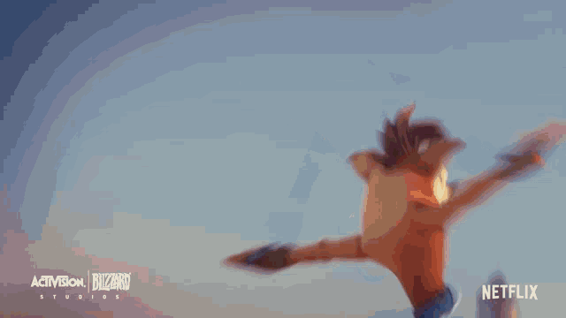 a cartoon character from the video game crash bandicoot is jumping in the air