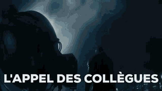 a man in a gas mask is standing in front of a sign that says l' appel des collèges