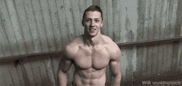 a shirtless man is standing in front of a fence and smiling .