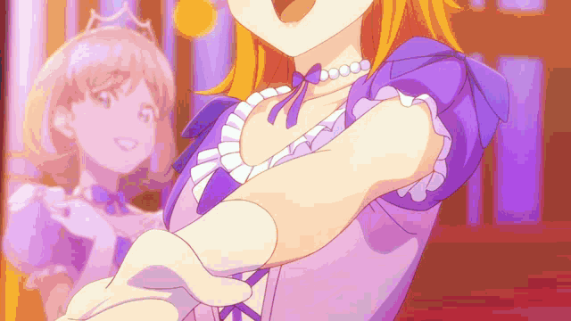 a girl in a purple dress with pearls on her neck