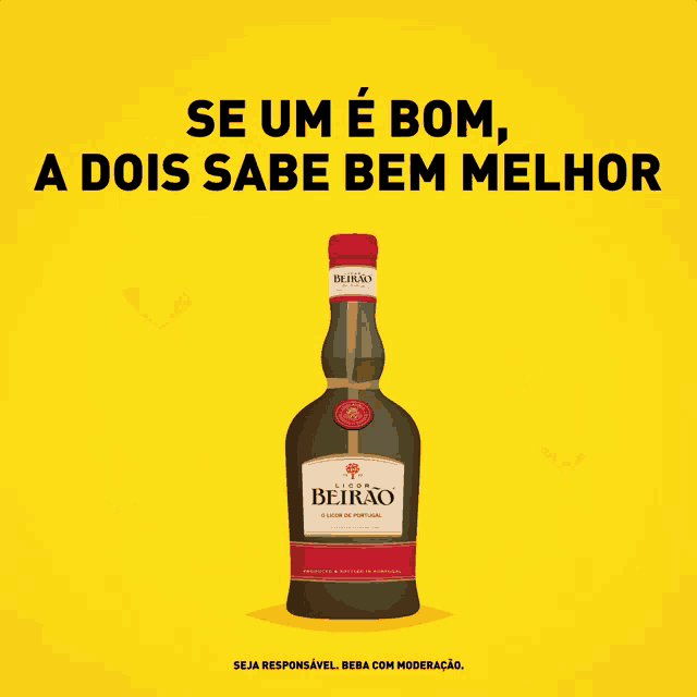 two bottles of beirao on a yellow background with hearts around them
