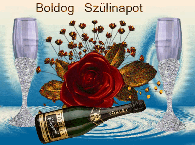 a bottle of torley champagne sits on a table next to a red rose