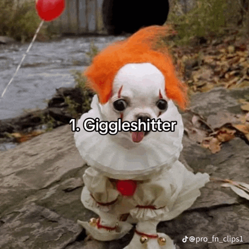 a small dog dressed as a clown with a red balloon behind it