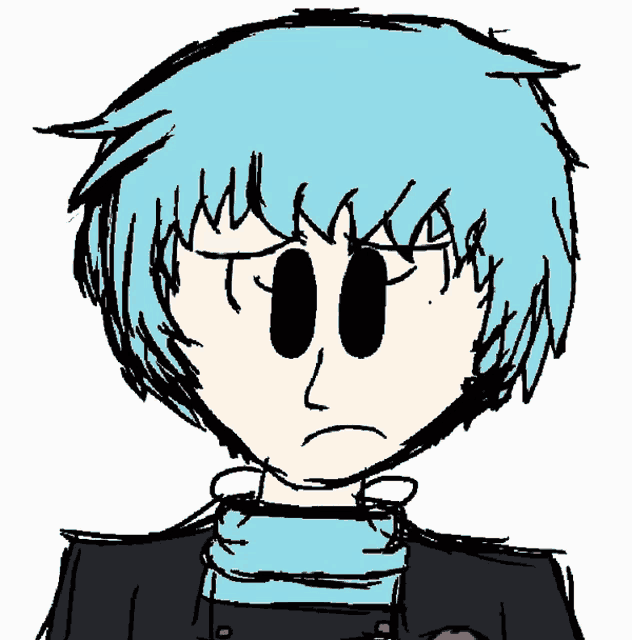 a drawing of a boy with blue hair and a black jacket