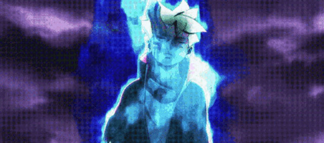 a person is standing in a dark room with a blue light coming out of their head .
