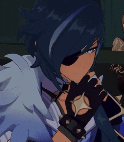 a blue haired anime character wearing a black eye patch