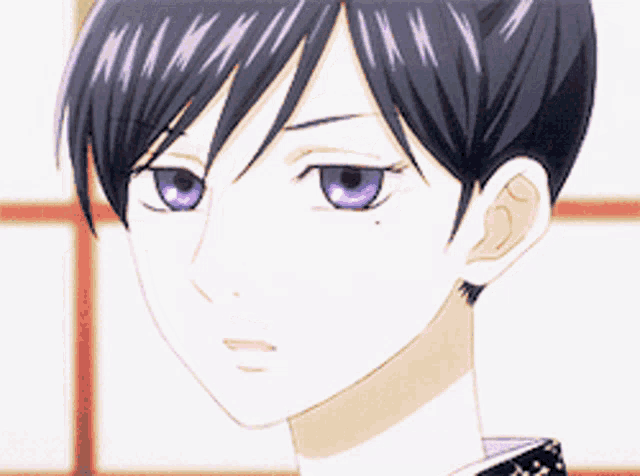 a close up of a girl with purple eyes