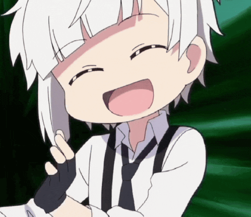 a close up of a cartoon character with white hair