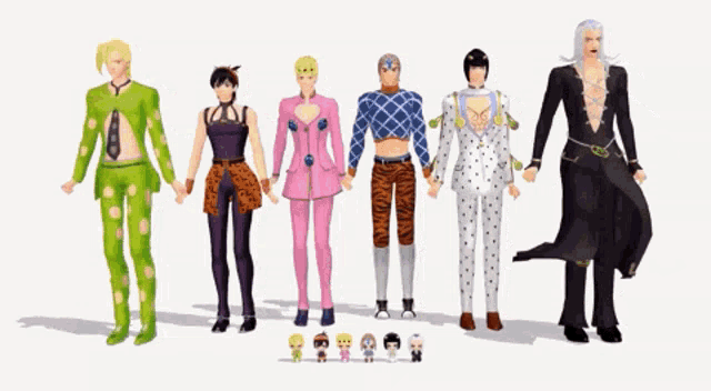 a group of anime characters are standing in a line