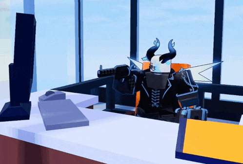 a cartoon character with horns is holding a gun in front of a window