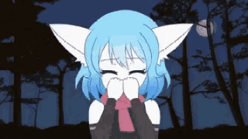a girl with blue hair and white ears is covering her face with her hands