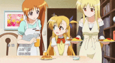 a group of anime girls standing around a table with plates of food