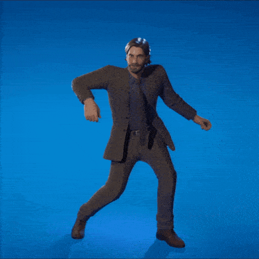 a man in a suit is standing on one leg on a blue background