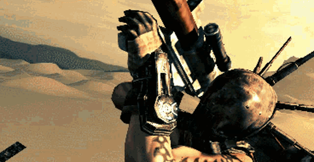 a video game character is holding a gun and a watch