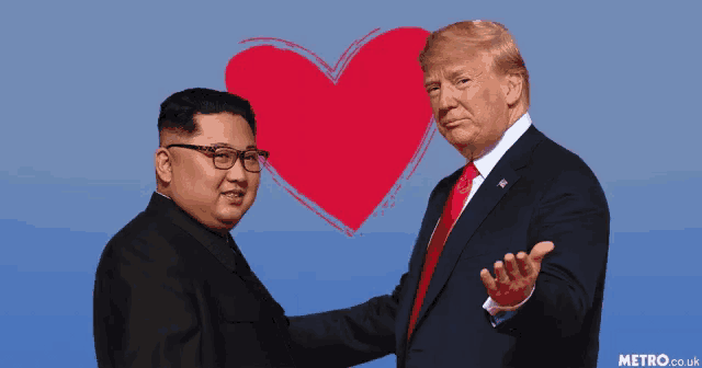 donald trump and kim jong un shake hands in front of a red heart