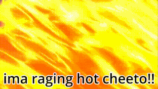 a close up of a cartoon character 's face with the words `` ima raging hot cheeto '' written below it .