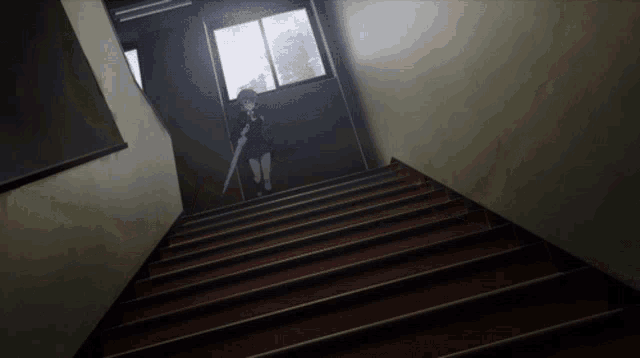a girl with an umbrella is walking down a set of stairs