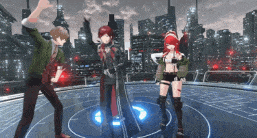 a group of anime characters are dancing in front of a city