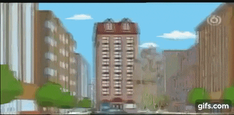 a cartoon of a city with a tall building in the middle of the street .