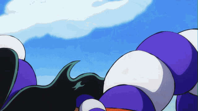 a cartoon drawing of a purple and white striped object against a blue sky