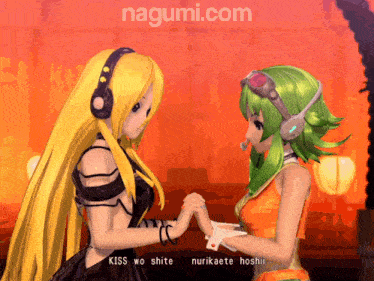 two anime girls are holding hands and the website nagumi.com is visible in the background