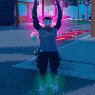 a man wearing a mask and a hoodie is standing with his arms in the air