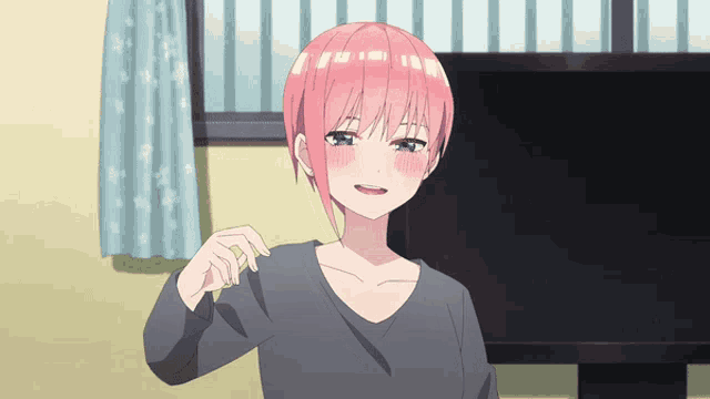 a girl with pink hair is standing in front of a black television