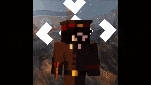 a minecraft character is standing in front of a flag with the letter l on it