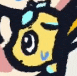 a close up of a cartoon character with a yellow face