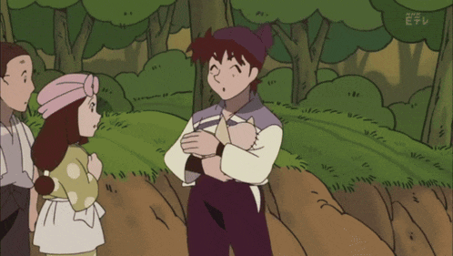 a cartoon shows a man holding a cat while talking to a woman and another man