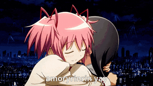 two anime girls hugging each other with the words amoryrinrin yay written above them