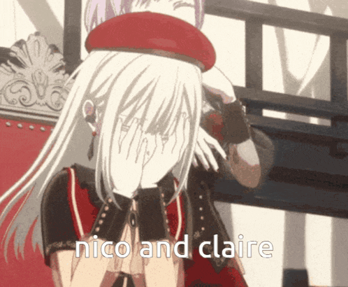a girl in a red hat covering her face with her hands and the words nico and claire