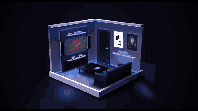 a 3d rendering of a living room with a couch and a television
