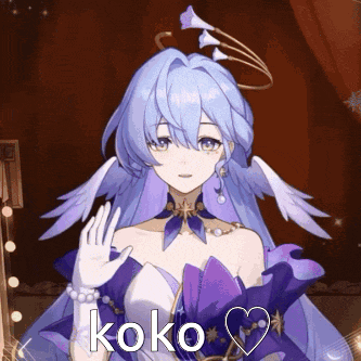 a girl with blue hair and white wings is wearing a purple dress and the word koko is on the bottom