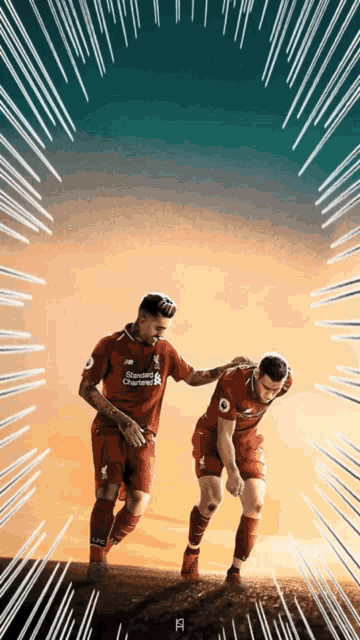 two soccer players one of whom is wearing a jersey that says standard chartered on it