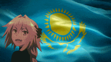 a blue flag with a yellow sun and a girl in front of it