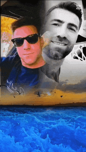 two men wearing sunglasses are standing next to each other in front of a ocean