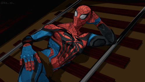 a drawing of a spiderman leaning on a railing