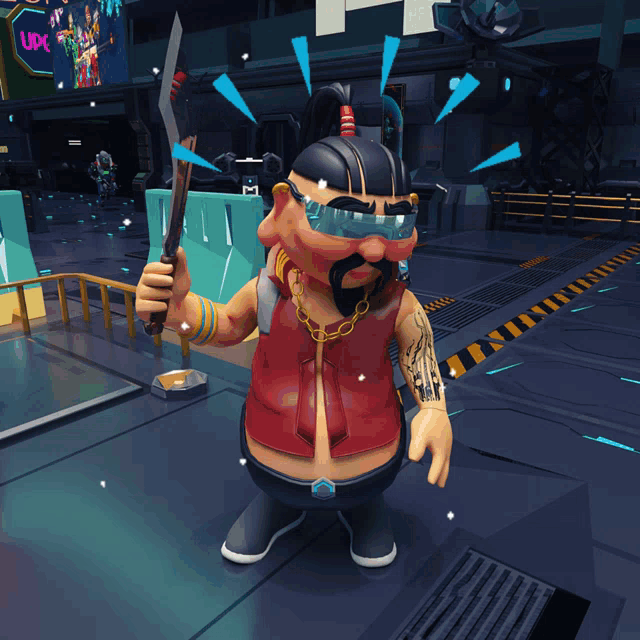 a cartoon character is holding a sword in front of a neon sign that says rude