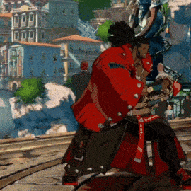 a man in a red jacket is holding a sword and has a belt that says rockstar on it